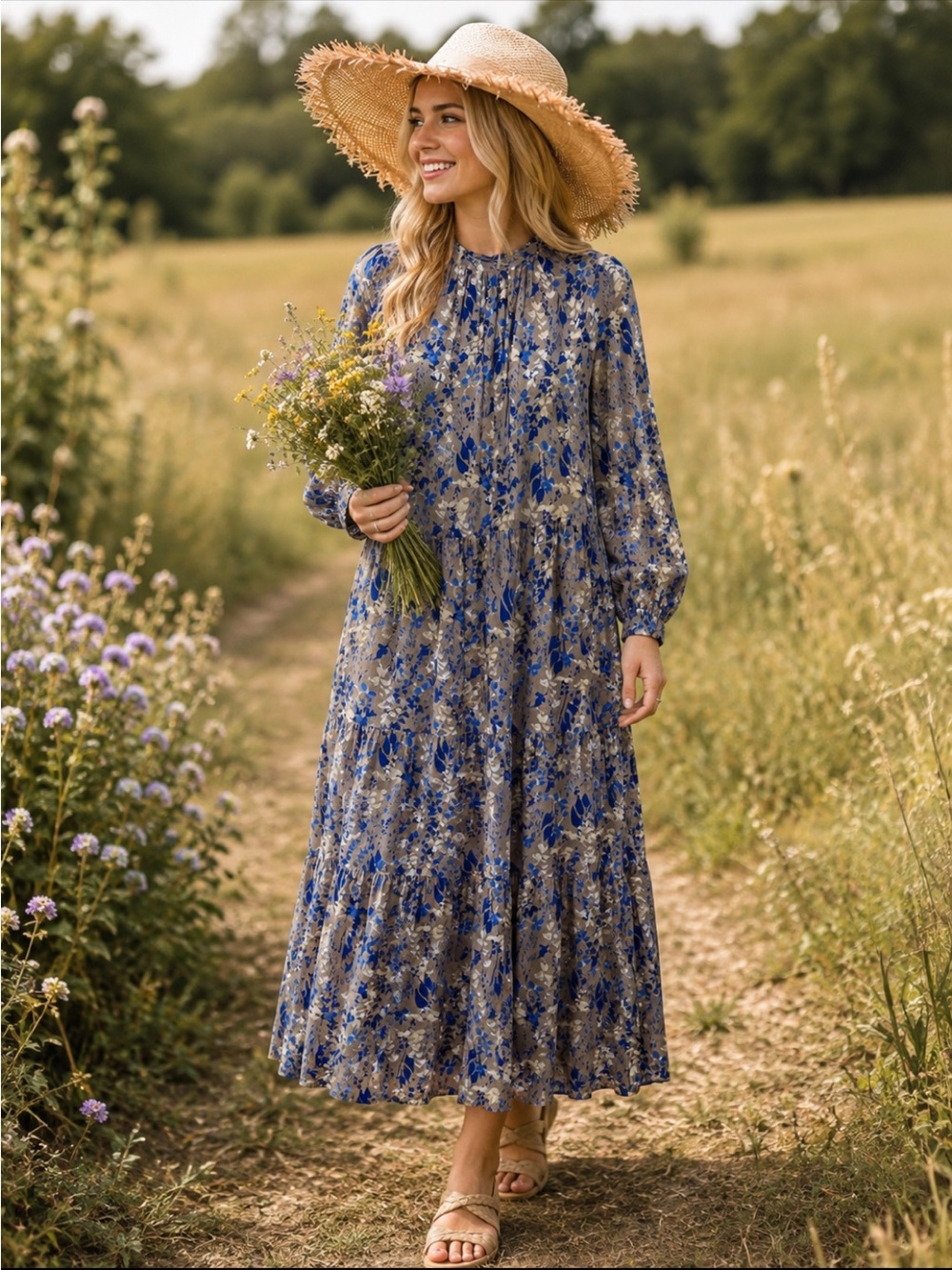 a‎ new day Gray Blue Floral Tiered Long Sleeve Maxi Dress. Size Small.